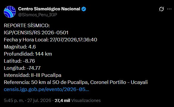 Sismo en Ucayali, 27 de julio de 2026