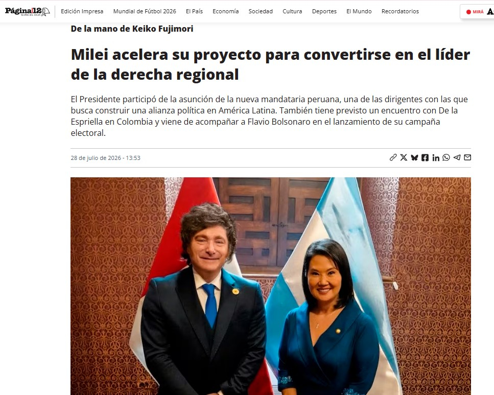 Así informó Página12 sobre el encuentro entre Milei y Fujimori tras la investidura en Perú. Foto: Página12