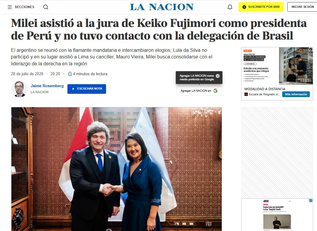 Así reaccionó LA NACIÓN sobre el encuentro entre Milei y Fujimori tras la investidura en Perú. Foto: LA NACIÓN