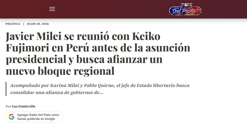 Así reaccionó Radio del Plata sobre el encuentro entre Milei y Fujimori tras la investidura en Perú. Foto: Radio del Plata