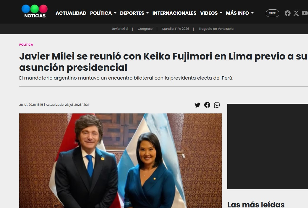 Así informó Telefe Noticias sobre el encuentro entre Milei y Fujimori tras la investidura en Perú. Foto: Telefe Noticias
