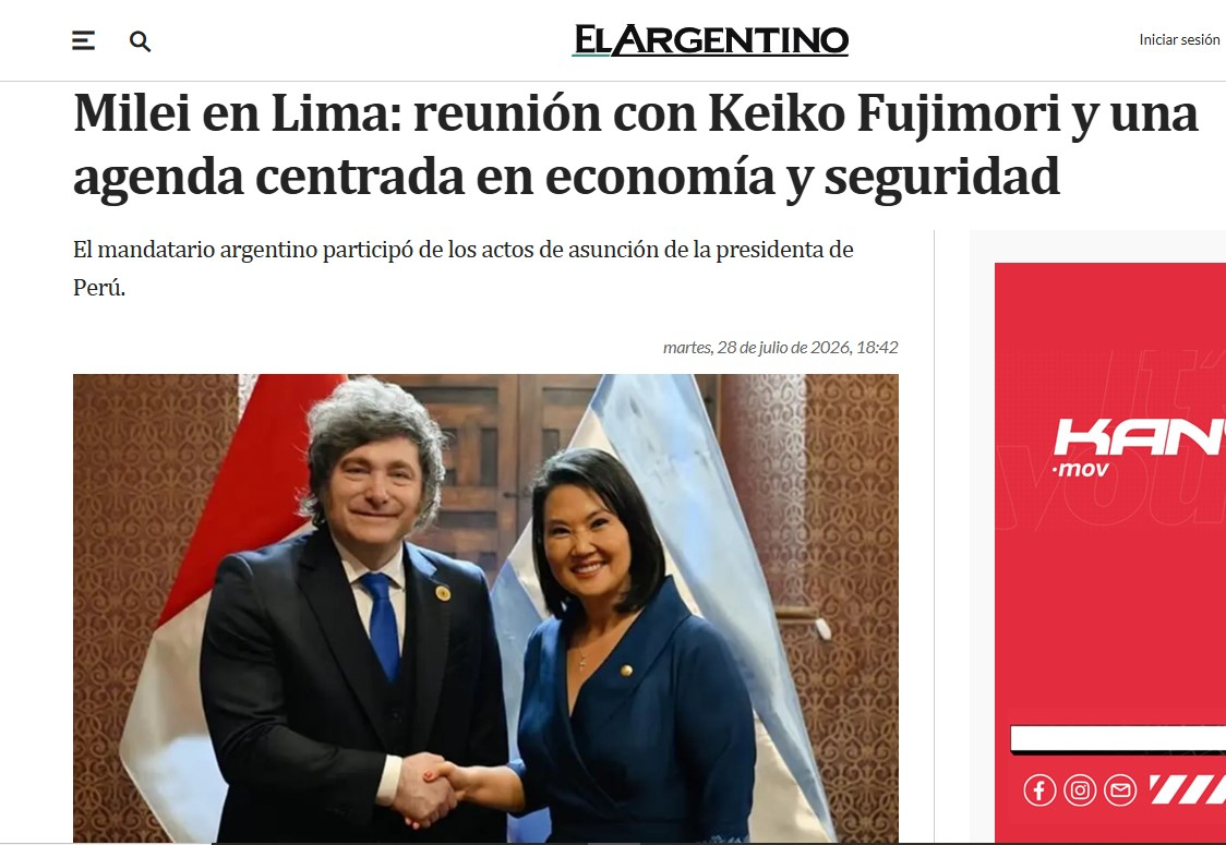 Así informó El Argentino sobre el encuentro entre Milei y Fujimori tras la investidura en Perú. Foto: El Argentino
