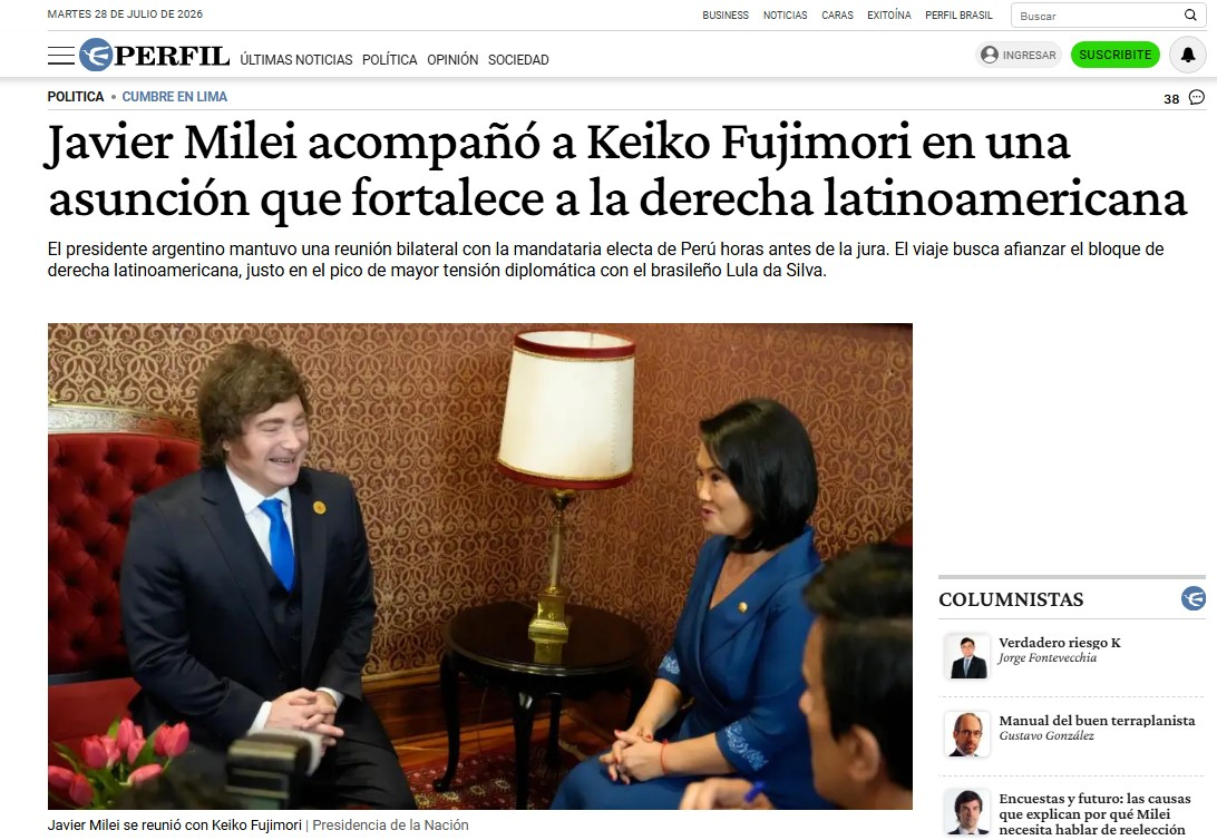 Así informó Perfil sobre el encuentro entre Milei y Fujimori tras la investidura en Perú. Foto: Perfil