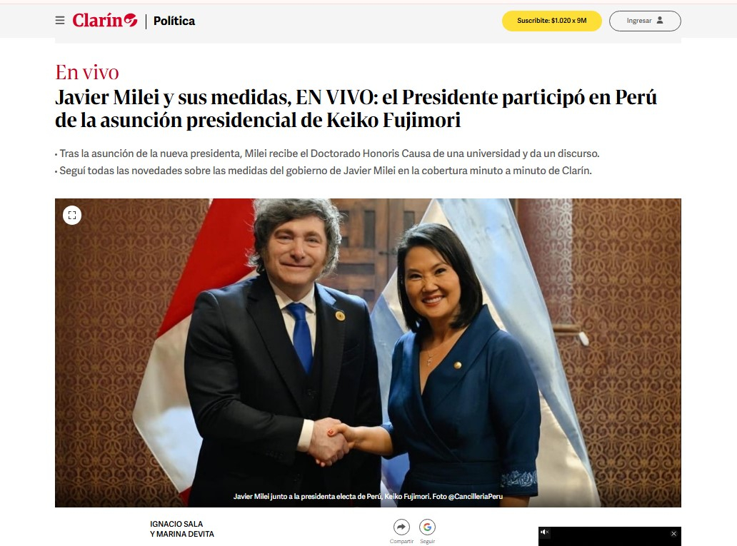 Así reaccionó Clarín sobre el encuentro entre Milei y Fujimori tras la investidura en Perú. Foto: Clarín