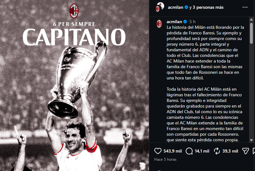 Comunicado del AC Milan. Captura: Instagram