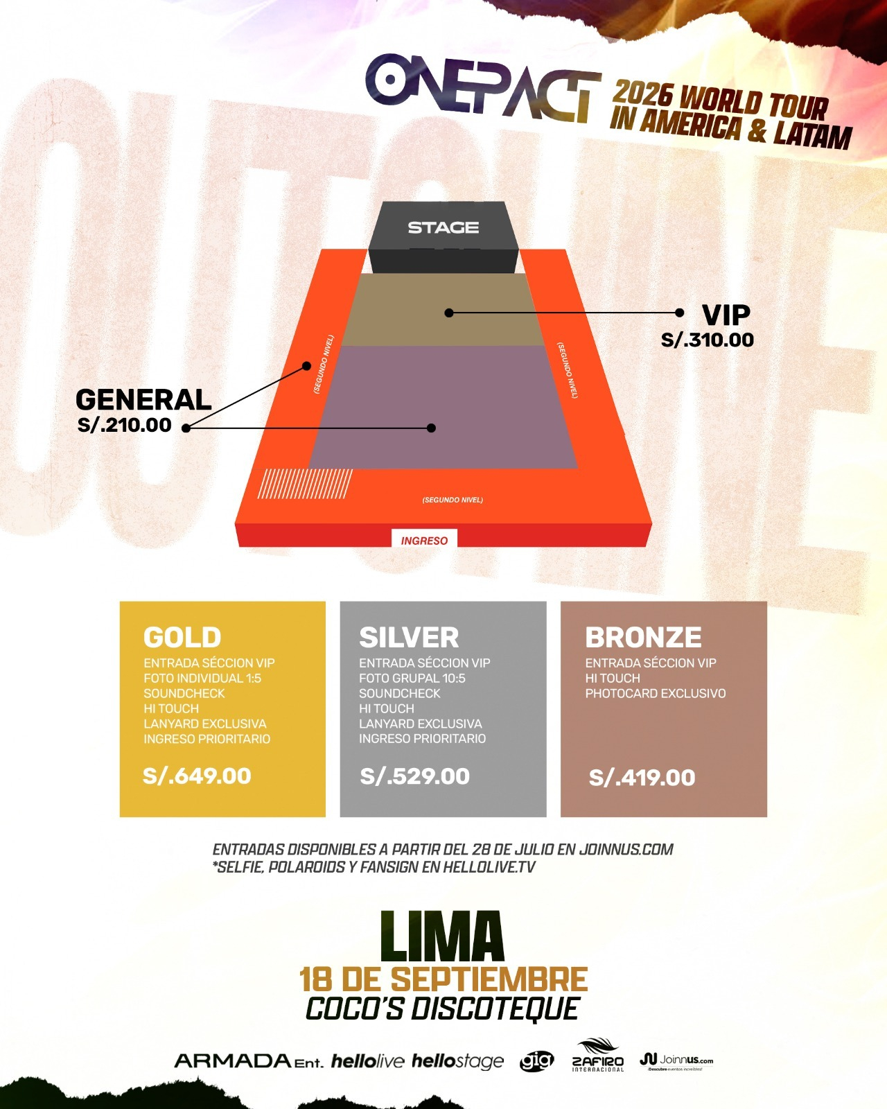 Zonas y precios de las entradas para concierto de ONE PACT en Lima