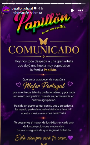 Comunicado de Papillón. Foto: Instagram Comunicado de Papillón. Foto: Instagram
