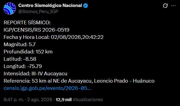 Temblor en Huánuco