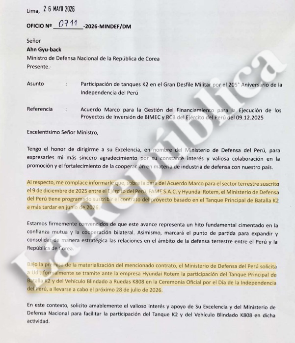 La carta del exministro de Defensa, Amadeo Flores Carcagno, a su homólogo de República de Corea, Ahn Gyu-back, garantizándole la firma de la compra de los tanques K2 