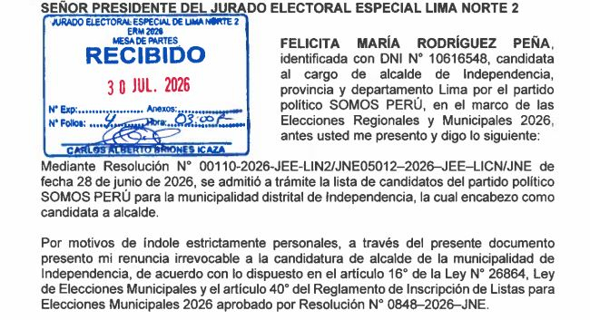 Renuncia de candidata a la alcaldía de Independencia