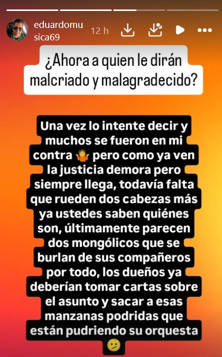 Eduardo Ortúzar, exvocalista de La Bella Luz, respalda a Naldy Saldaña en sus redes.