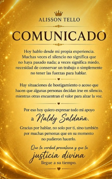 Alisson Tello muestra su apoyo a Naldy Saldaña. Foto: Facebook Alisson Tello muestra su apoyo a Naldy Saldaña. Foto: Facebook