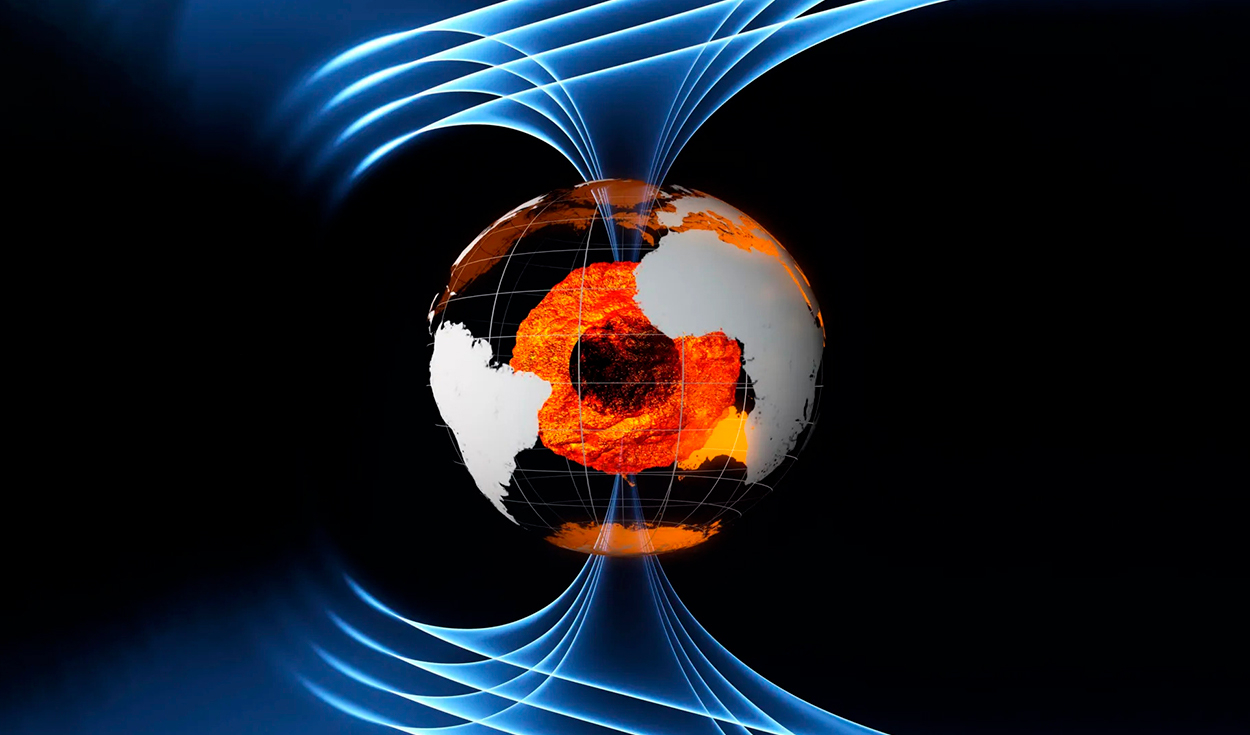 El campo magnético terrestre se generaría en gran medida por un océano de hierro líquido sobrecalentado y en constante movimiento que conforma el núcleo externo de la Tierra, a 3.000 km de profundidad. Foto: ESA/AOES Medialab Se cree que el campo magnético terrestre se genera en gran medida por un océano de hierro líquido sobrecalentado y en constante movimiento que conforma el núcleo externo de la Tierra, a 3.000 km de profundidad. Foto: ESA/AOES Medialab