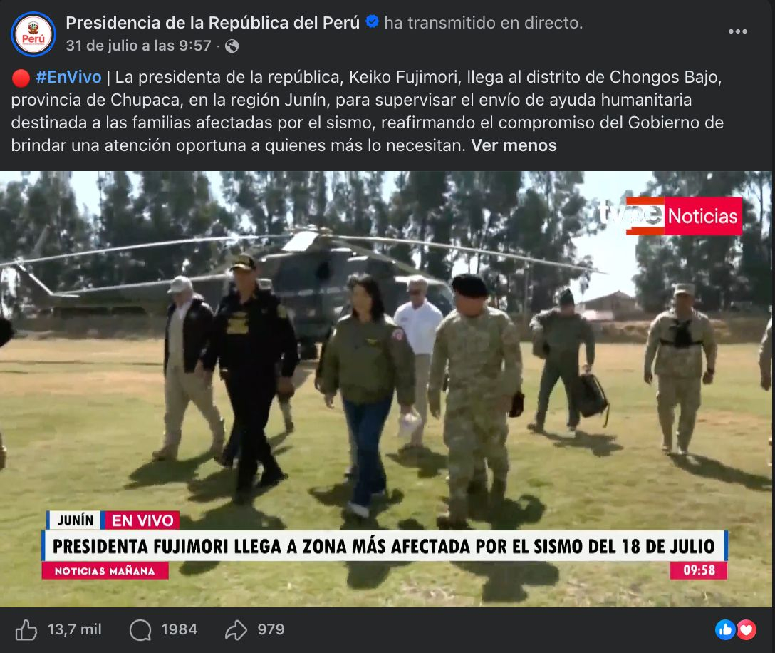 La página de Facebook de Presidencia inició su transmisión en vivo aproximadamente a las 9:55 de la mañana la llegada de la presidenta a Junín.