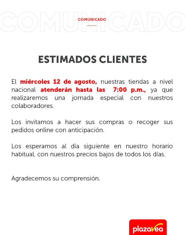 Horario especial de Plaza Vea para este miércoles 12 de agosto.