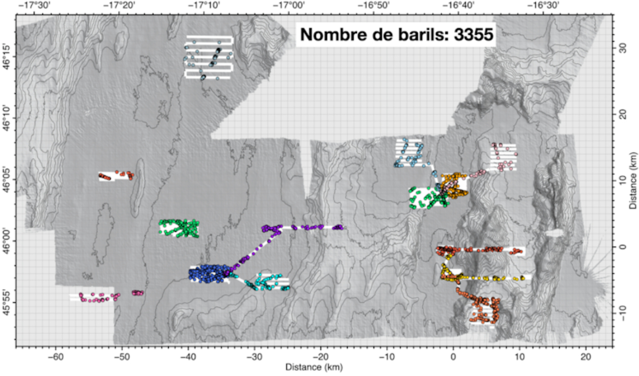 Mapa de barriles identificados y áreas cartografiadas por el vehículo submarino autónomo (AUV) UlyX. Foto: Flotte océanographique française