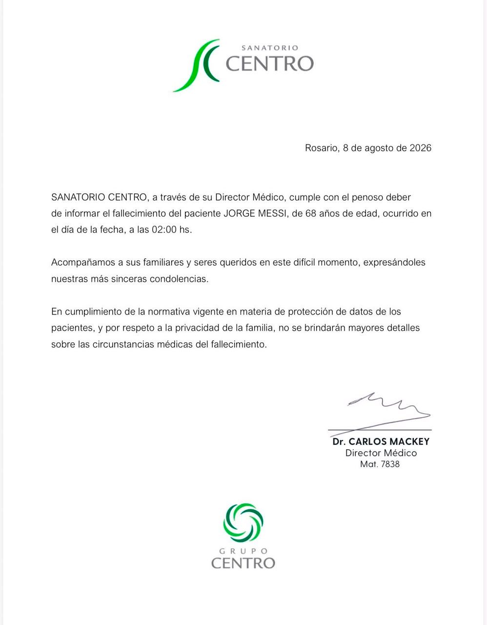 Reporte del Sanatorio Centro sobre la muerte de Jorge Messi. Foto: Sanatorio Centro