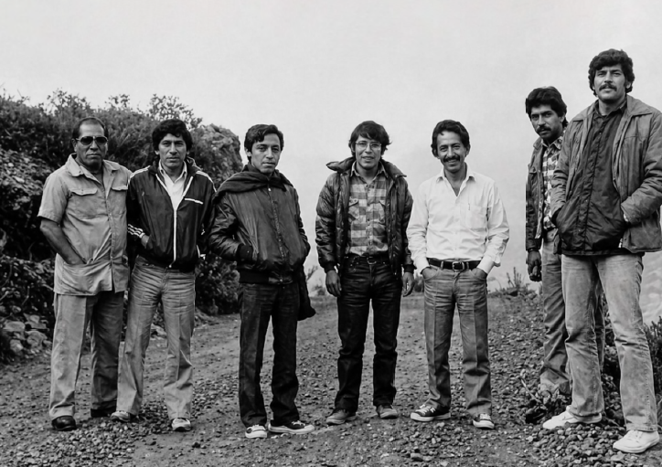 Jorge Sedano, Amador García, Luis Mendívil, Félix Gavilán, Pedro Sánchez, Willy Retto y Edmundo de la PinIella, antes de perecer en Uchuraccay. El autor de la fotografía es Octavio Infante. Foto: CI.