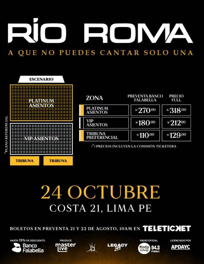 La preventa de entradas será el 21 y 22 de agosto en Teleticket, con un 15 % de descuento para tarjetas Falabella. ¡No te pierdas este reencuentro musical!