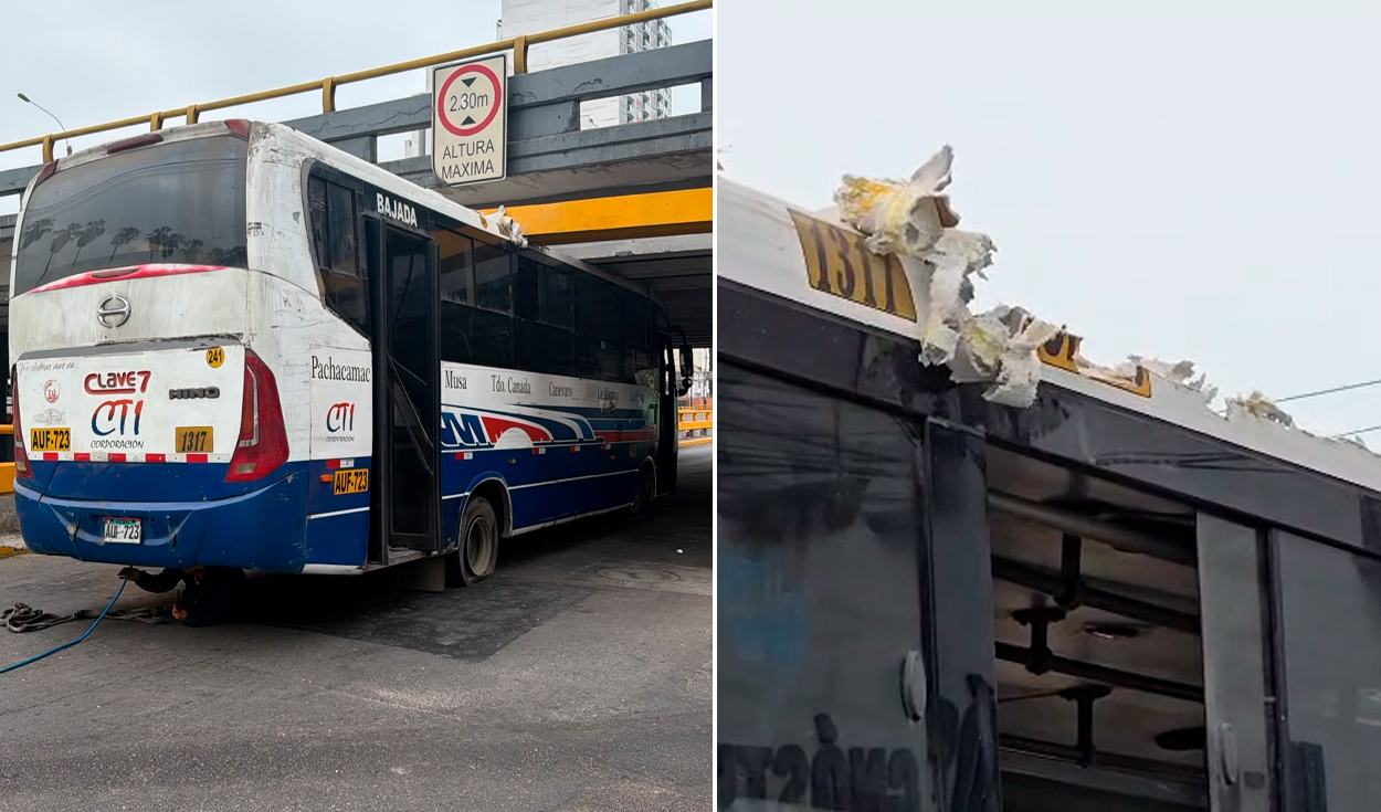 Bus de la empresa CTI queda atrapado bajo puente de avenida Brasil: desinflaron las llantas para liberar el vehículo