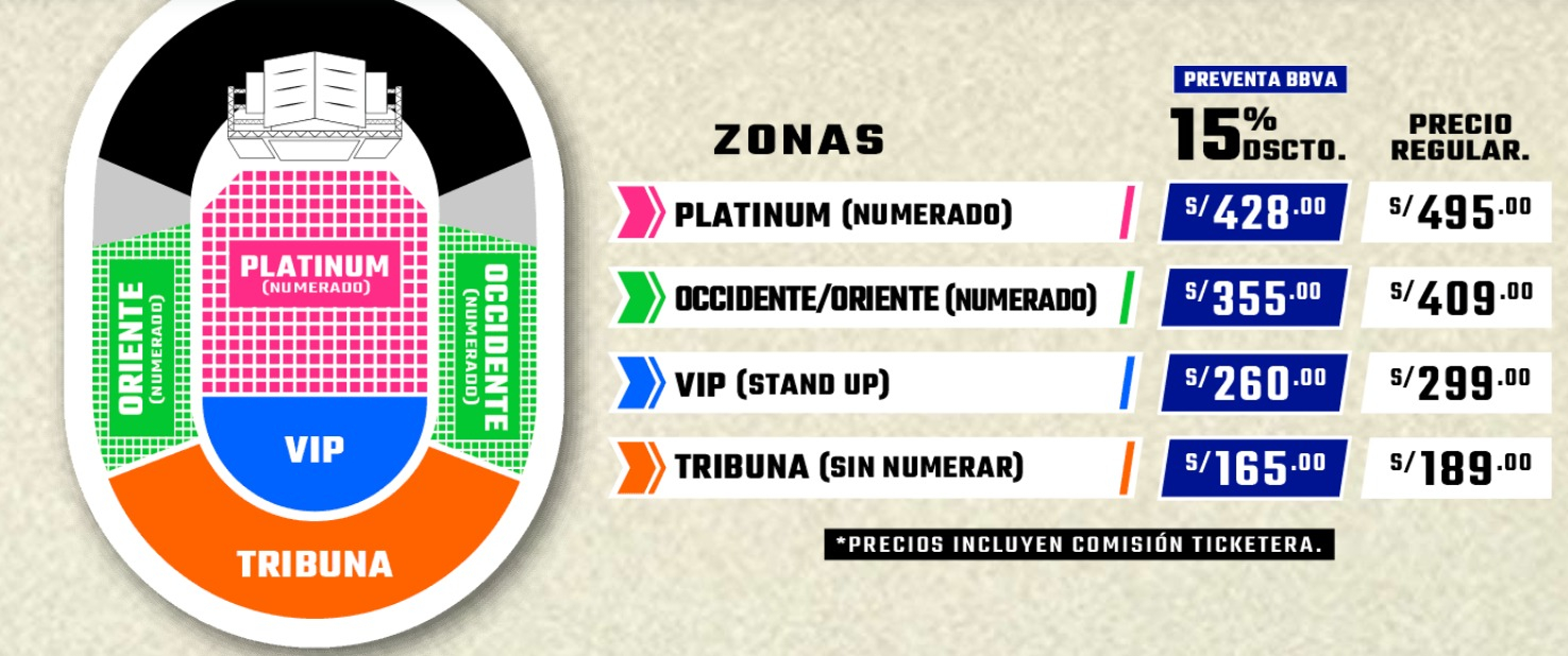 Las entradas están disponibles a través de Ticketmaster, desde S/189 hasta S/495, con descuentos del 15% para clientes BBVA durante la preventa del 22 al 23 de agosto.