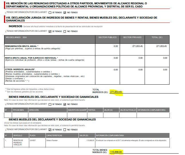 Declaración de Fujimori correspondiente al 2024.