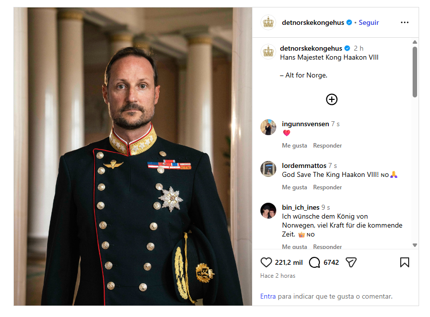 La Casa Real comparte la primera imagen de Haakon VIII como nuevo rey. Foto: Casa Real de Noruega/Instagram