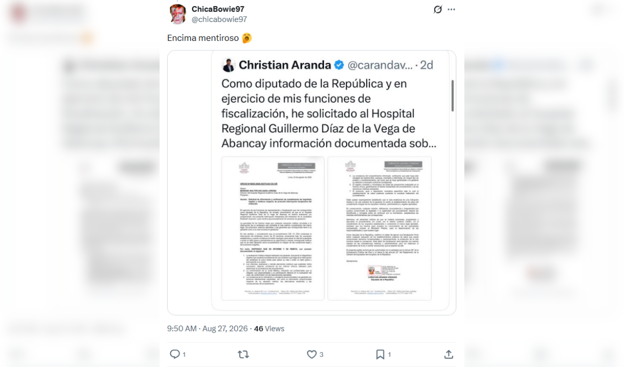 Captura compartida por un usuario que muestra la publicación del diputado sin ningún tipo de censura. Foto: X