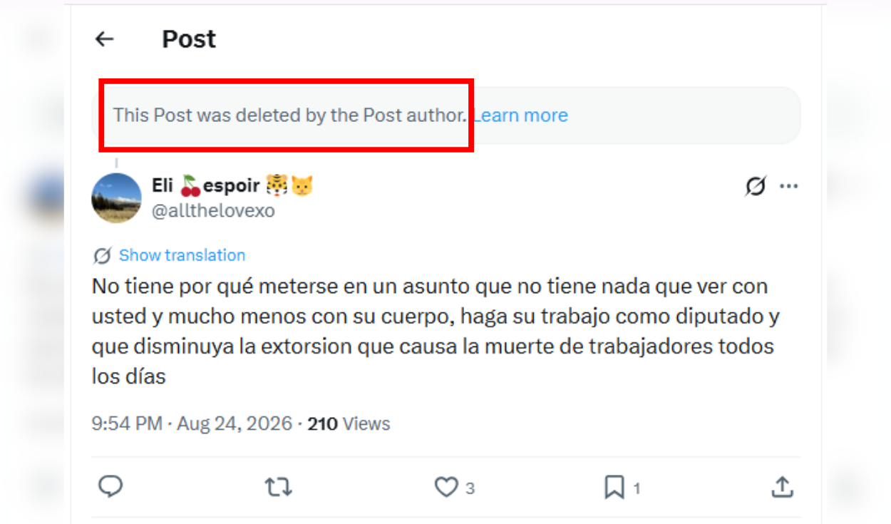 Usuario de X responde al tuit eliminado por el diputado. Foto: X