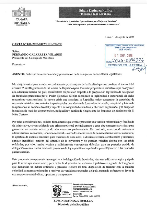 Espinoza precisó que su planteamiento no supone una negativa a otorgar facultades al Ejecutivo.