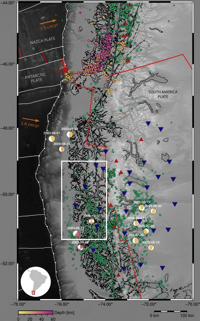 Contexto de subducción Antártico-Sudamericana: mapa sísmico, estaciones y volcanes en la zona de la Triple Unión. Foto: Geophysical Research Letters