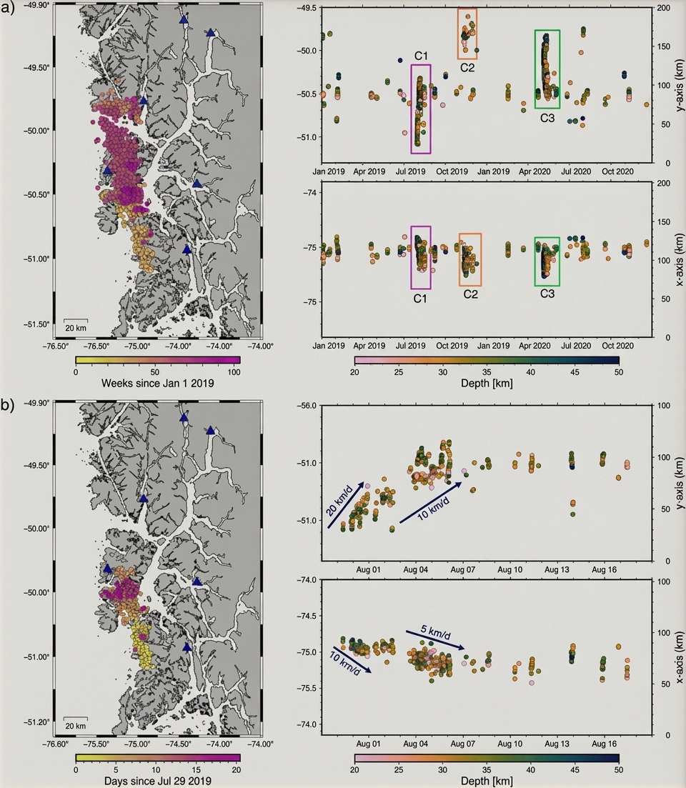 Temblores en la Patagonia migran de sur a norte a 5-20 km/día. El mapa y los gráficos muestran su profundidad y tiempo. Foto: Geophysical Research Letters