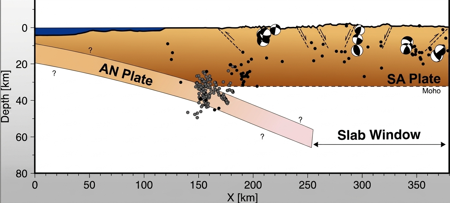 Esquema de subducción Nazca-Sudamérica: sismicidad regular y temblores profundos delimitados por el Moho a ~32 km. Foto: Geophysical Research Letters