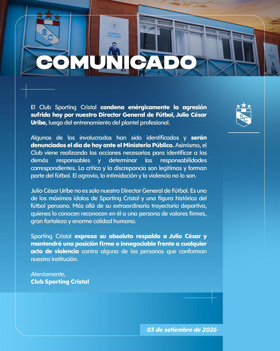 Sporting Cristal condenó ataque contra Julio César Uribe. Foto: Sporting Cristal