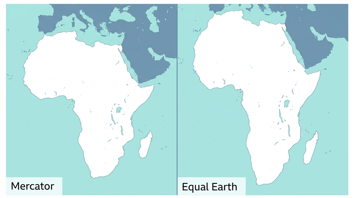 El problema de Mercator es proyectar la esfera terrestre en un plano, estirar las regiones cercanas a los polos y reducir las cercanas al ecuador. Eso hace que África parezca similar en tamaño a Groenlandia. Foto: Ilustración LR/BBC