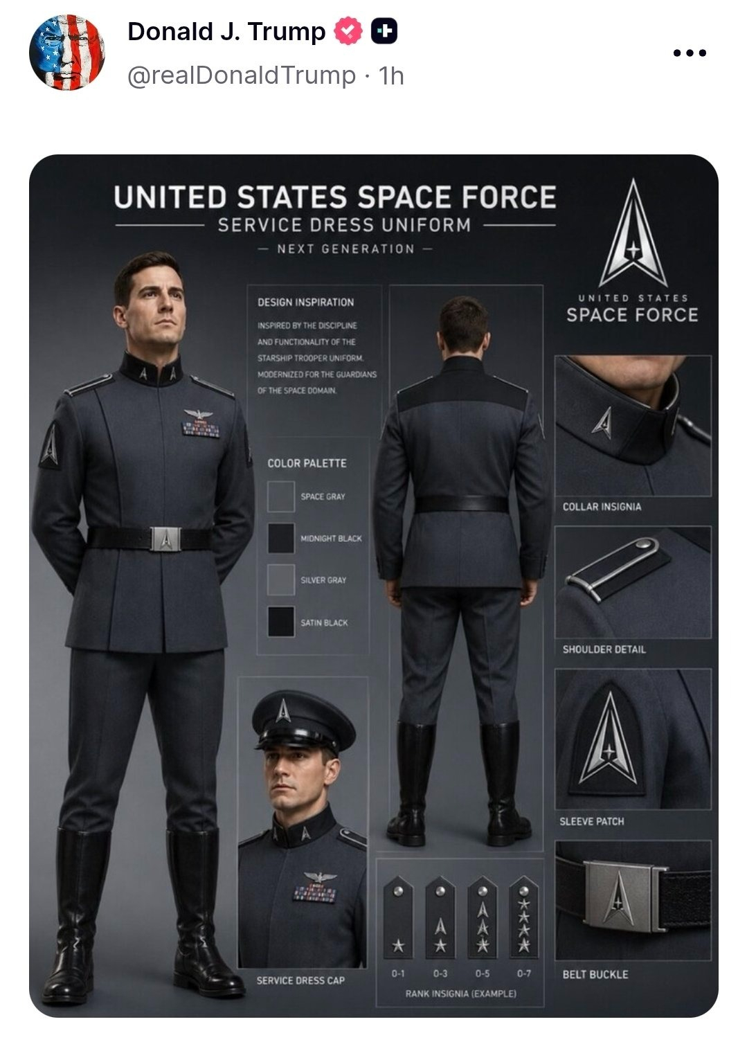 Posible diseño de Fuerza Espacial de EE. UU. presentado por el presidente Trump.