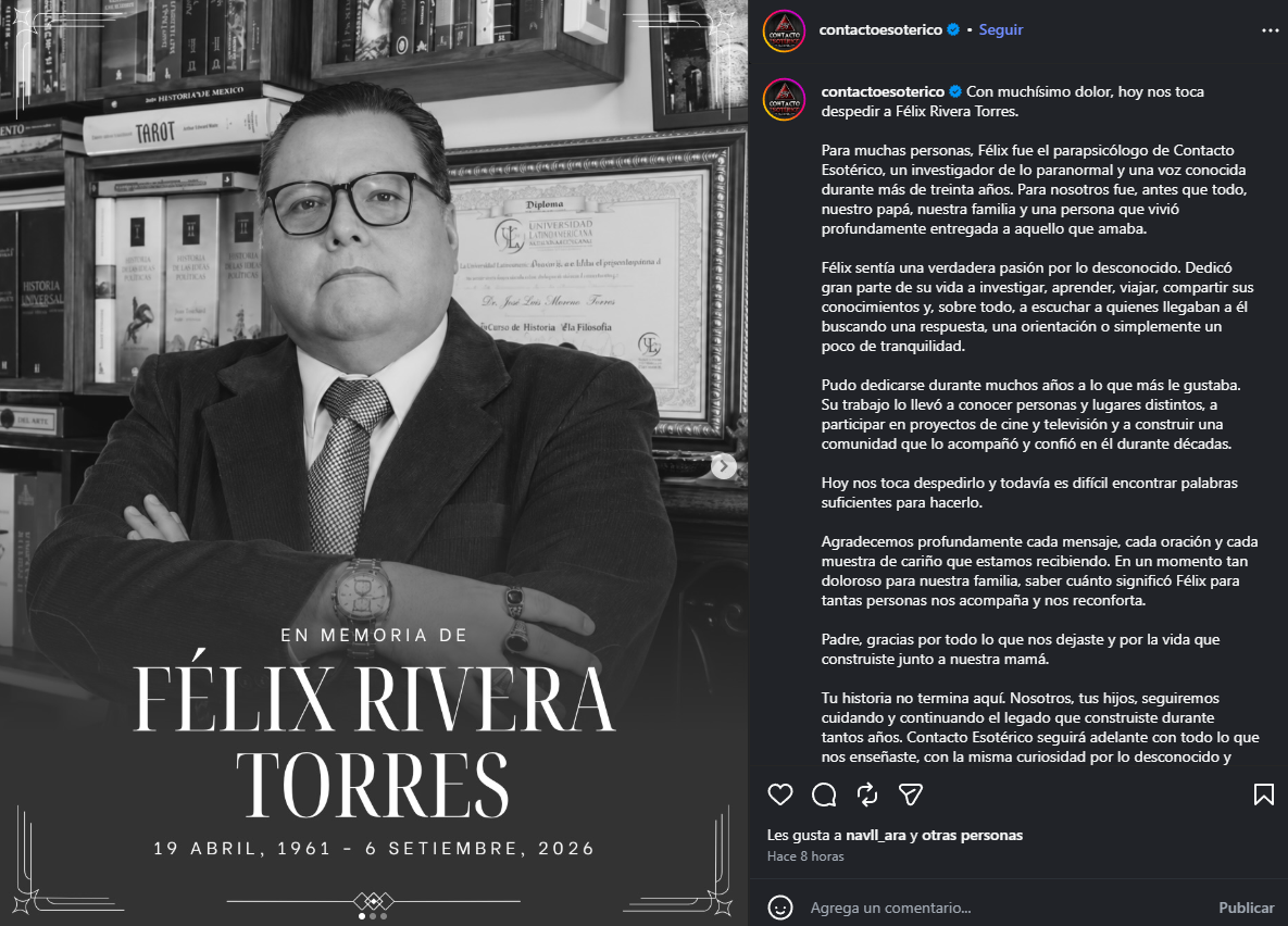 Muere el parapsicólogo Félix Rivera Torres. Foto: Instagram