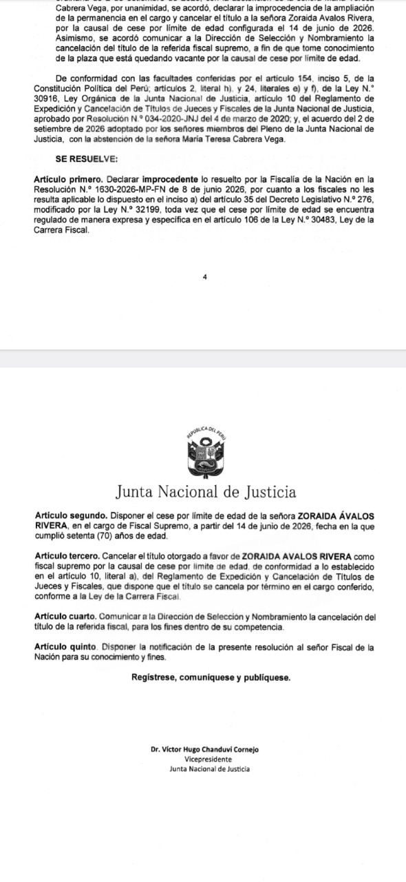 Resolución de la Junta Nacional de Justicia que dispone el cese de Zoraida Ávalos y la cancelación de su título de fiscal suprema. JNJ dispone salida de Zoraida Ávalos.