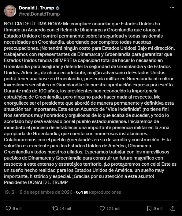 El mandatario anunció el acuerdo en X. Foto: Captura