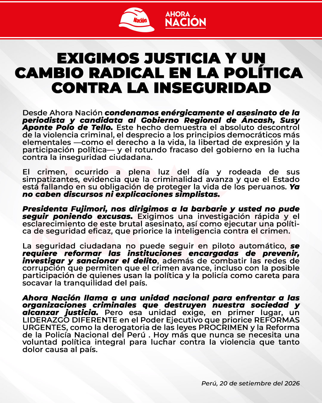 Comunicado del partido publicado en sus redes sociales este domingo 20 de septiembre.