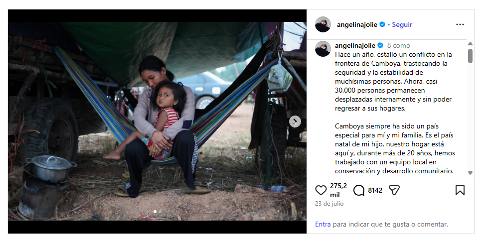 Angelina Jolie expuso en Instagram que miles de civiles camboyanos desplazados aún no pueden volver a sus hogares. Foto: @angelinajolie/Instagram
