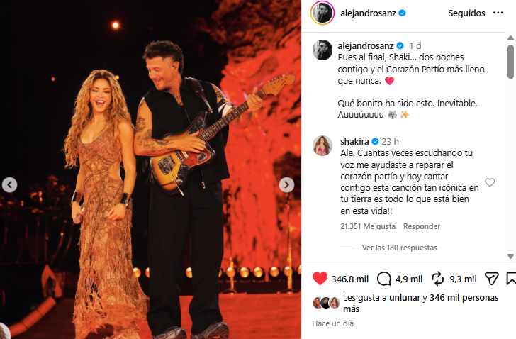 Cariñoso mensaje de Alejandro Sanz para Shakira. Foto: captura Instagram Cariñoso mensaje de Alejandro Sanz para Shakira. Foto: captura Instagram