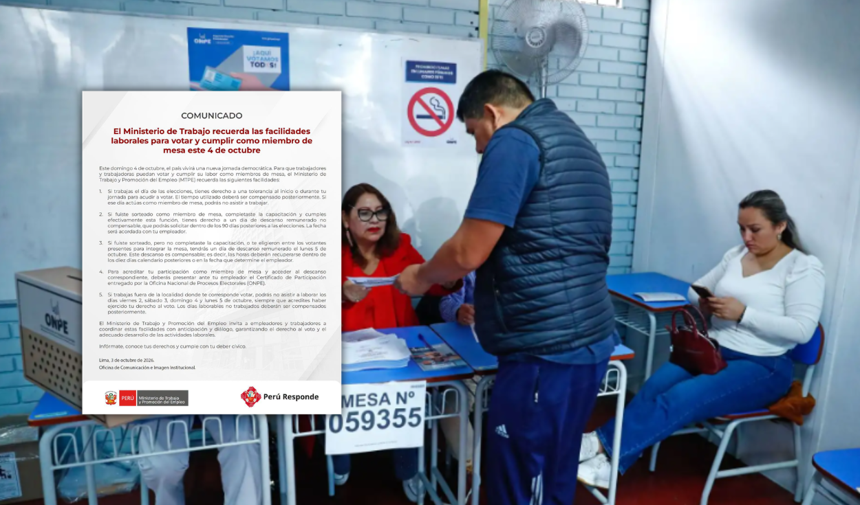 ERM 2026: estas son las facilidades laborales para electores y miembros de mesa este 4 de octubre, según el MTPE