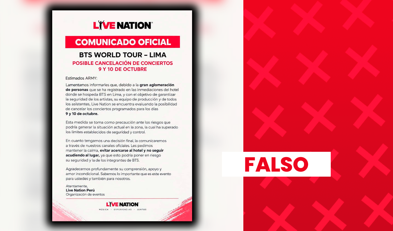 Es falso que Live Nation haya anunciado la posible cancelación de los conciertos de BTS en Lima
