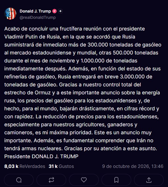Donalt Trump celebra acuerdo con Rusia. Foto: Captura