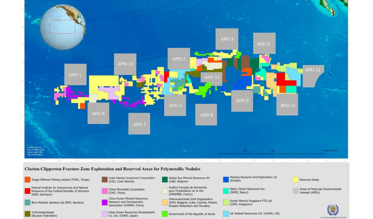 Este mapa de la Zona Clarion-Clipperton muestra qué áreas están cubiertas por los distintos contratos de exploración.