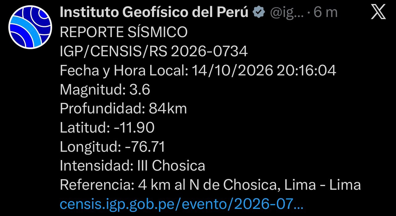 Reporte del IGP sobre el último sismo en Lima hoy, 14 de octubre.