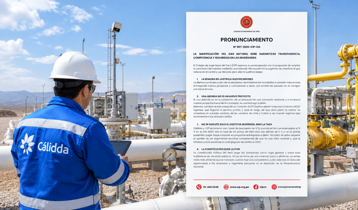 Gas natural: Colegio de Ingenieros cuestiona adenda de Cálidda y pide licitar proyectos en regiones