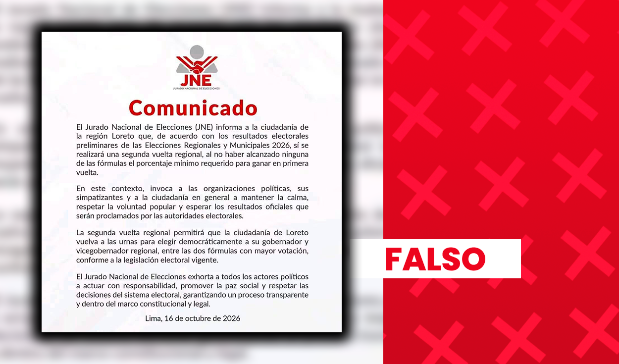 Es falso que el JNE haya emitido un comunicado que confirme una segunda vuelta regional en Loreto