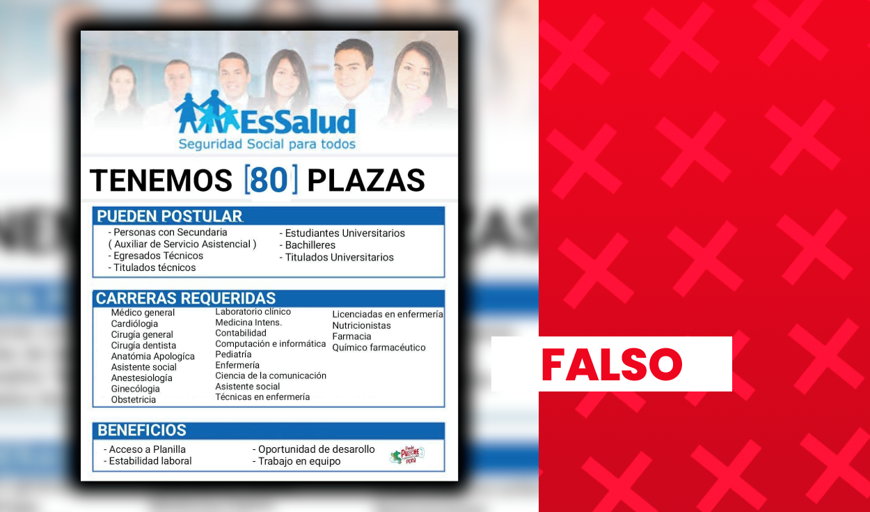 Es falso que EsSalud haya publicado una convocatoria laboral de 80 plazas para profesionales de la salud y otras áreas